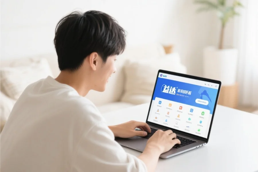 一位年轻用户在明亮舒适的室内环境中愉快地使用笔记本电脑，屏幕上展示双赢2客户端新版界面